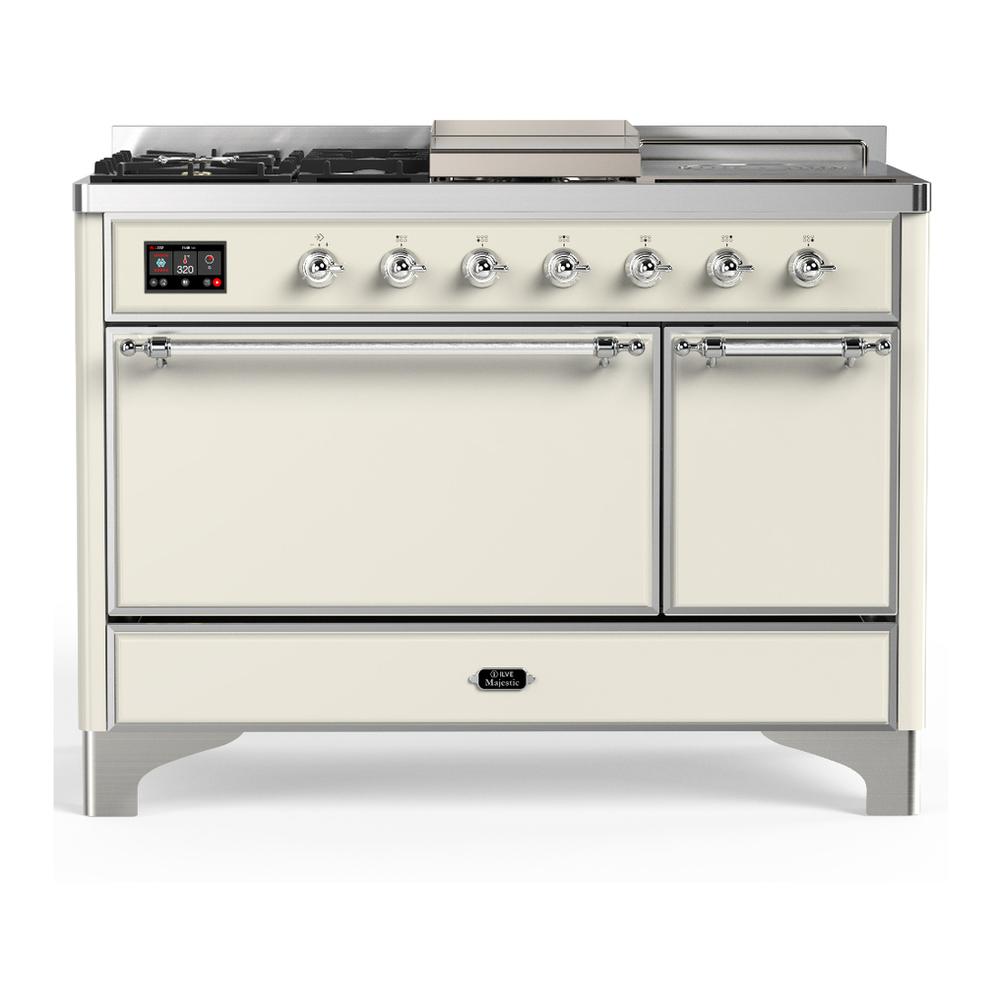 ILVE UM48FSQNR3AWC Majestic III 48 inch Dual Fuel Range with 5 Black Brass Burners, Griddle and French Top, Dual Function Burner up to 25,000 BTU (Natural Gas, Solid Door, Antique White, Chrome)