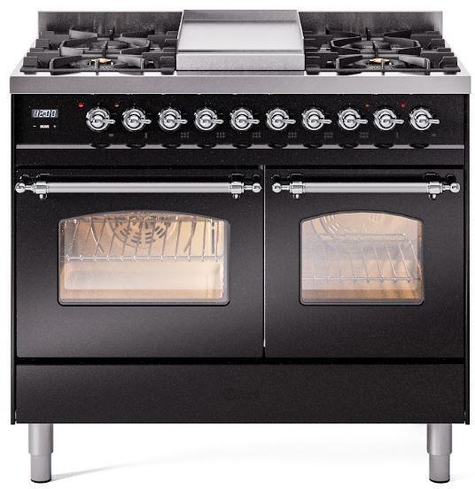 Nostalgie II 40 Inch Dual Fuel Liquid Propane Freestanding Range in Glossy Black with Chrome Trim
