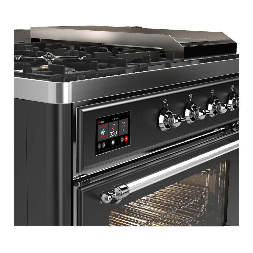 ILVE UM48FSNR3MGCLP Majestic III 48 inch Dual Fuel Range with 5 Black Brass Burners, Griddle and French Top, Dual Function Burner up to 25,000 BTU (Liquid Propane, Triple Glass Door, Graphite Matte, Chrome)