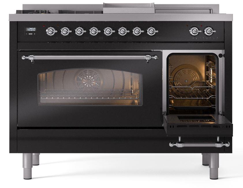 Nostalgie II 48 Inch Dual Fuel Liquid Propane Freestanding Range in Glossy Black with Chrome Trim