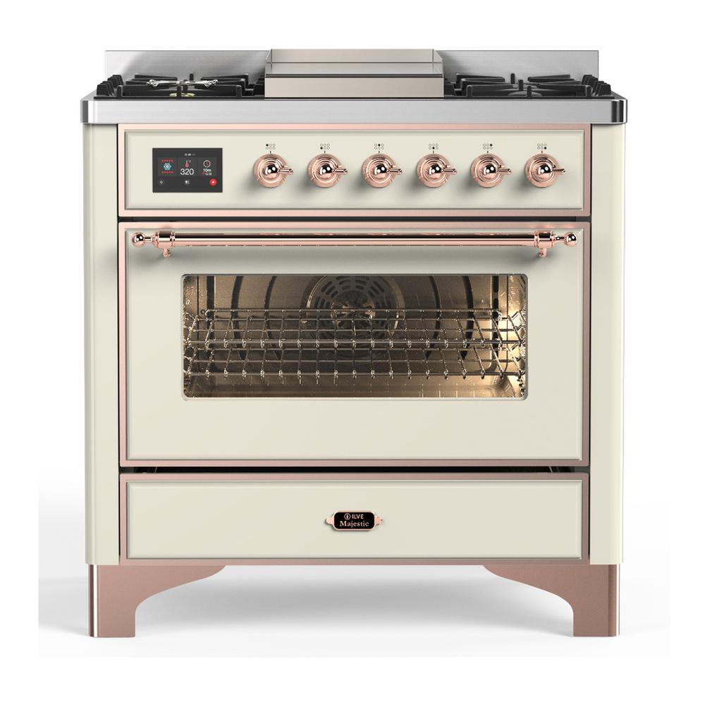 ILVE UM36FNR3AWPLP Majestic III 36 inch Dual Fuel Range with 6 Black Brass Burners and Griddle, Dual Function Burner up to 25,000 BTU (Triple Glass Door, Antique White, Copper, Liquid Propane)