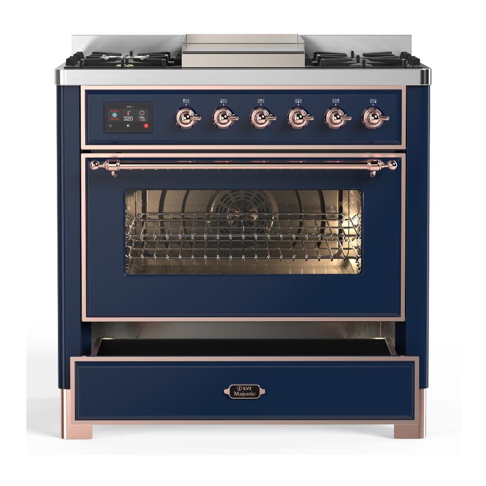 ILVE UM36FNR3MBP Majestic III 36 inch Dual Fuel Range with 6 Black Brass Burners and Griddle, Dual Function Burner up to 25,000 BTU (Triple Glass Door, Midnight Blue, Copper, Natural Gas)
