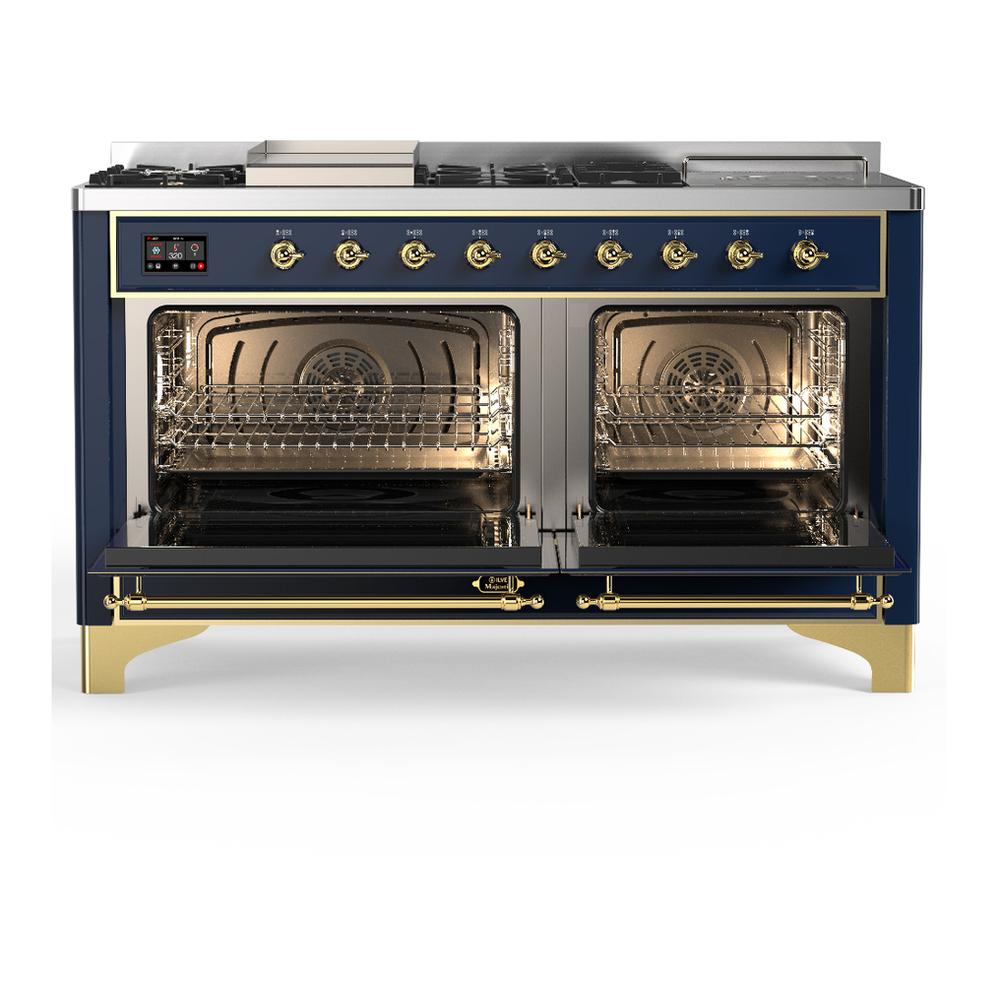 ILVE UM60FSQNR3MBGLP Majestic III 60 inch Dual Fuel Range with 7 Burners, Griddle and French Top, Dual Function Burner with up to 25,000 BTU (Liquid Propane, Solid Door, Midnight Blue, Brass)