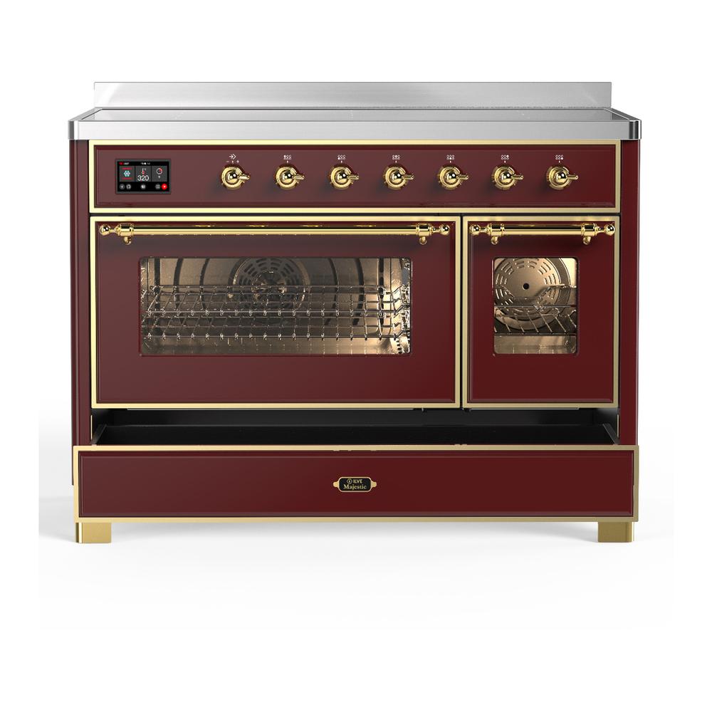 ILVE UMIB48NR3BUG Majestic III 48 inch Induction Range with 6 Elements, 5.02 cu. ft. Total Oven Capacity (Triple Glass Door, Burgundy, Brass)