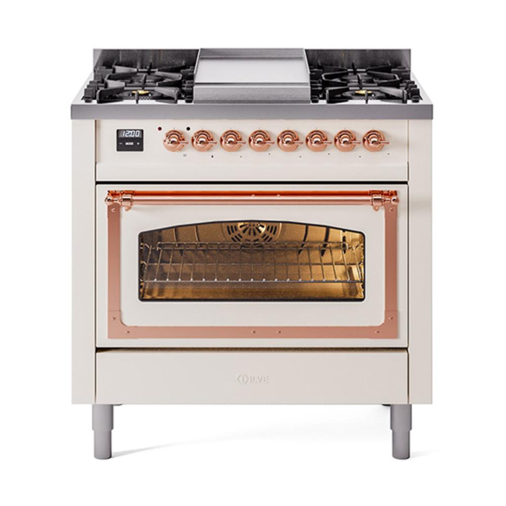 ILVE UN36FNMPAWP Nostalgie II Noblesse 36 inch Dual Fuel Range (Natural Gas, Triple Glass Door, Antique White, Copper)