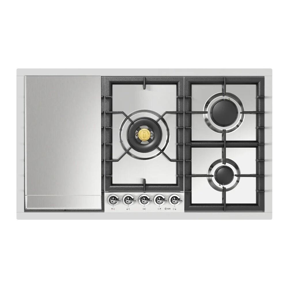 ILVE UHCPT95FNSSC Nostalgie II 36 inch Built-In Gas Cooktop with Total Black Brass Burners, in Stainless Steel (5 Sealed Burners + Griddle, Natural Gas, Chrome)