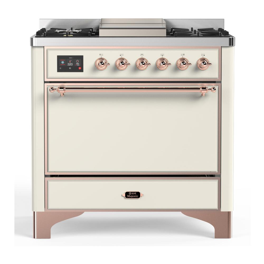 ILVE UM36FQNR3AWPLP Majestic III 36 inch Dual Fuel Range with 6 Black Brass Burners and Griddle, Dual Function Burner up to 25,000 BTU (Solid Door, Antique White, Copper, Liquid Propane)