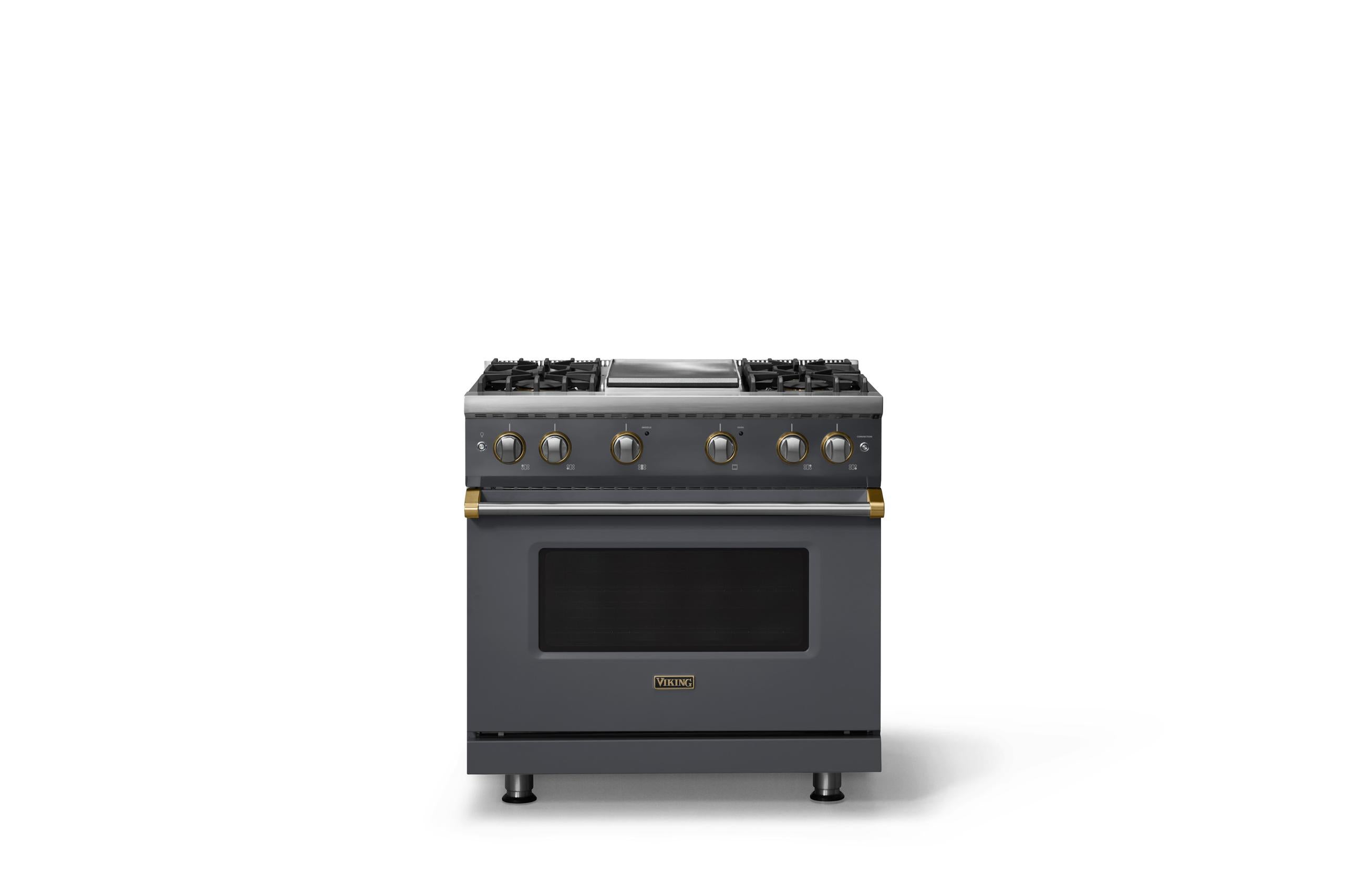36"W. Sealed Burner Gas Range (Burner: 4g, Finish: Cast Black, Trim: Brushed Brass, Fuel: Propane)