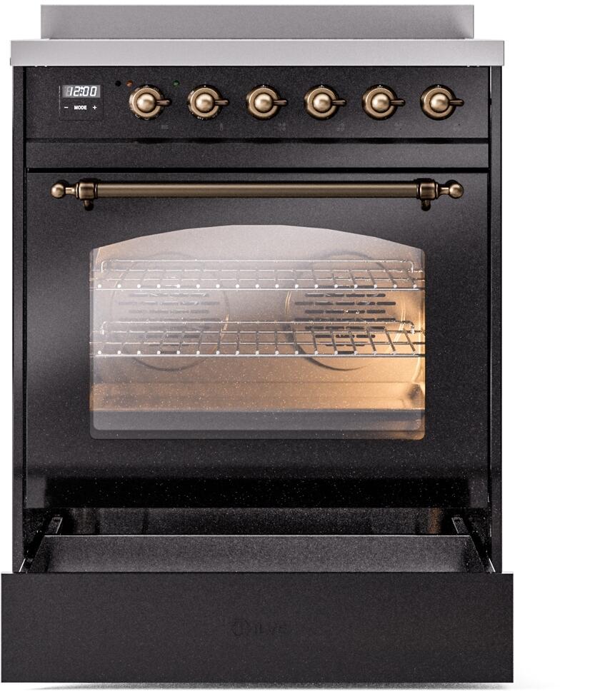 Nostalgie II 30 Inch Electric Freestanding Range in Glossy Black with Bronze Trim