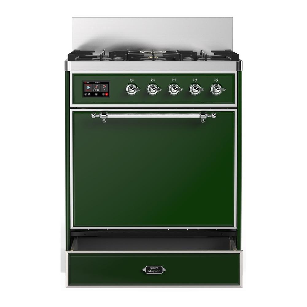 ILVE UM30QNR3EGCLP Majestic III 30 inch Dual Fuel Range with 5 Black Brass Burners, Dual Function Burner up to 25,000 BTU (Liquid Propane, Solid Door, Emerald Green, Chrome)