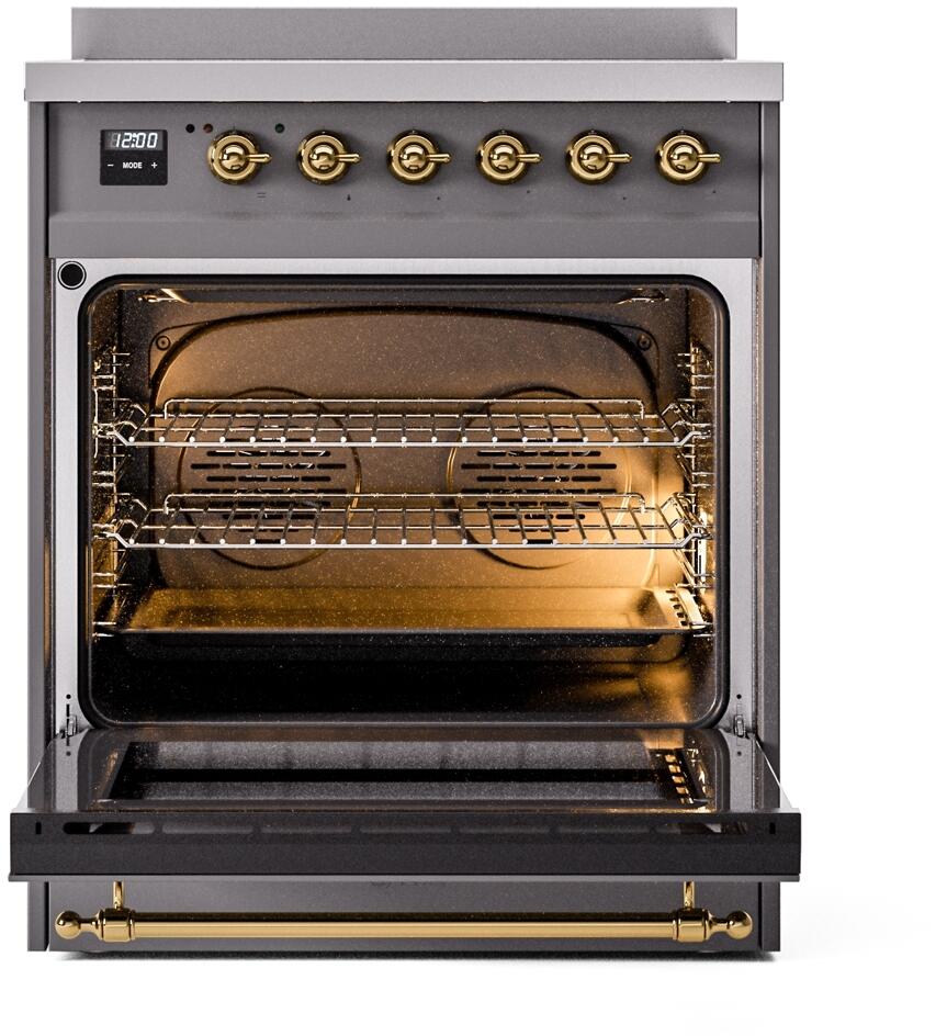Nostalgie II 30 Inch Electric Freestanding Range in Matte Graphite with Brass Trim