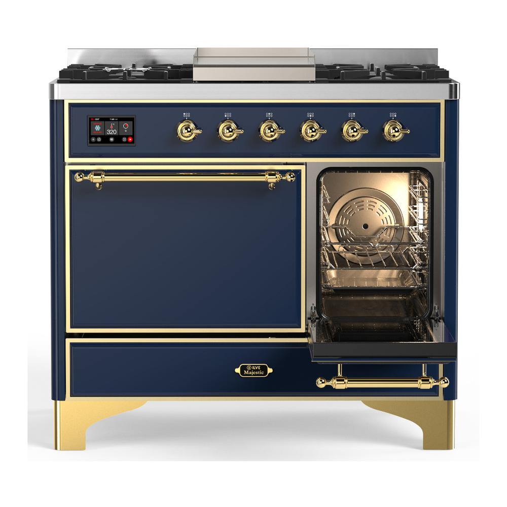 ILVE UMD40FQNR3MBGLP Majestic III 40 inch Dual Fuel Range with 6 Burners and Griddle, Dual Function Burner up to 25,000 BTU (Liquid Propane, Solid Door, Midnight Blue, Brass)