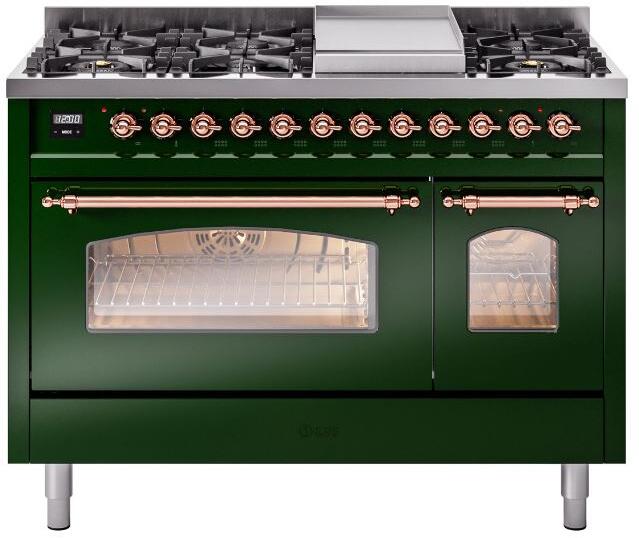 Nostalgie II 48 Inch Dual Fuel Natural Gas Freestanding Range in Emerald Green with Copper Trim