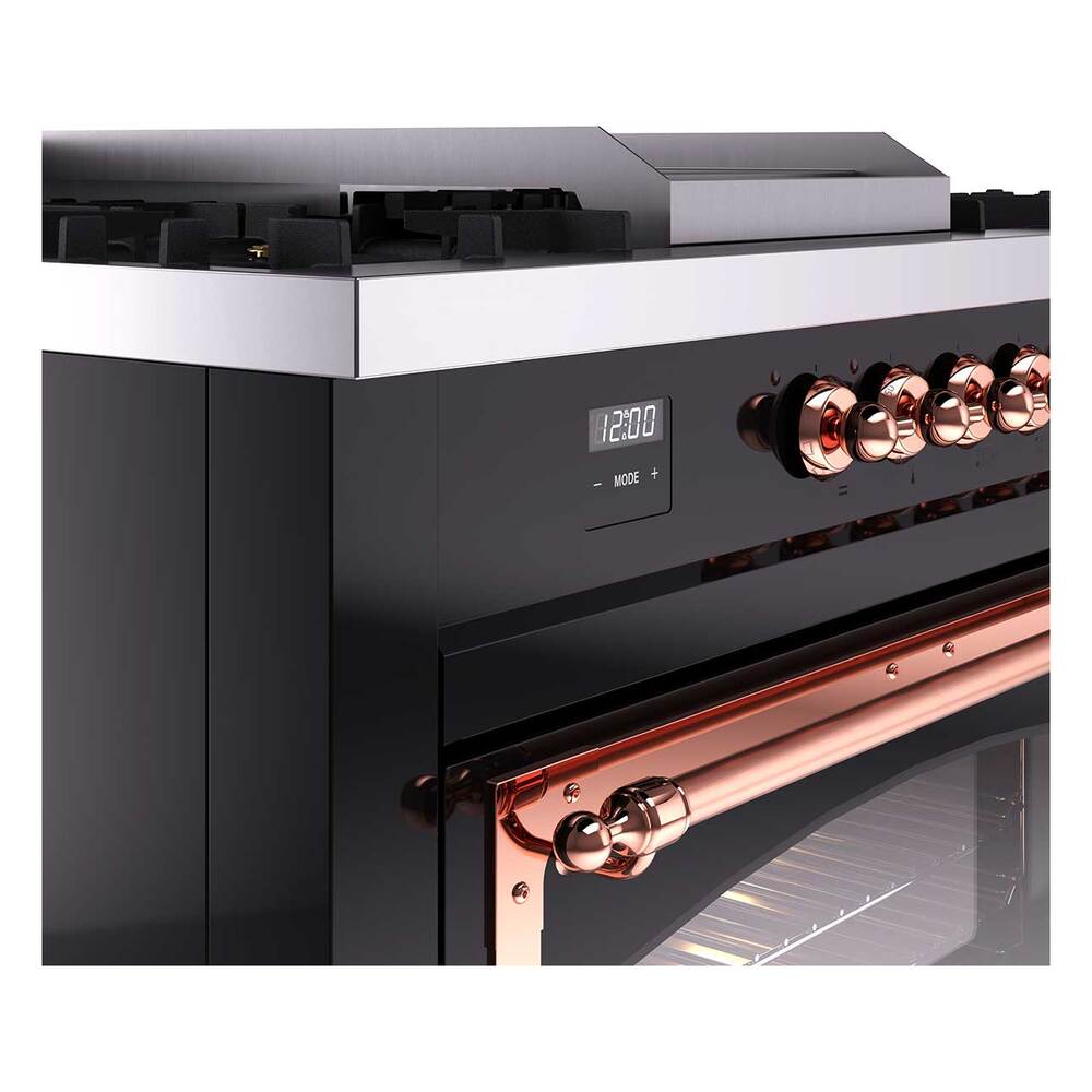 ILVE UN60FSNMPBKP Nostalgie II Noblesse 60 inch Dual Fuel Range (7 Sealed Burners + Griddle + French Top, Natural Gas, Triple Glass Door, Glossy Black, Copper)