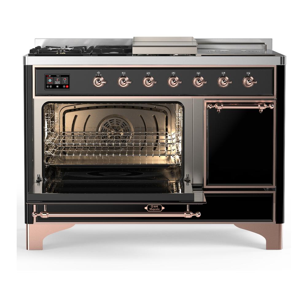 ILVE UM48FSQNR3BKP Majestic III 48 inch Dual Fuel Range with 5 Black Brass Burners, Griddle and French Top, Dual Function Burner up to 25,000 BTU (Natural Gas, Solid Door, Glossy Black, Copper)