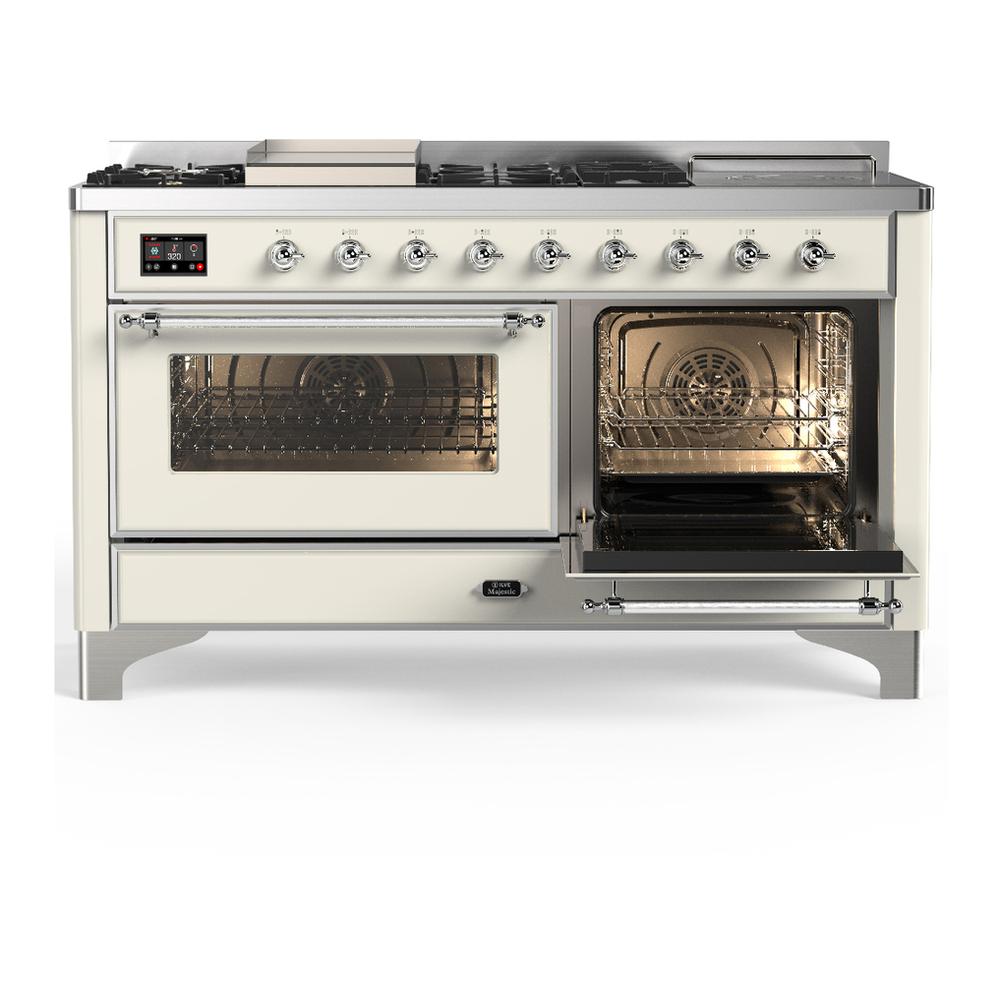 ILVE UM60FSNR3AWCLP Majestic III 60 inch Dual Fuel Range with 7 Burners, Griddle and French Top, Dual Function Burner with up to 25,000 BTU (Liquid Propane, Triple Glass Door, Antique White, Chrome)