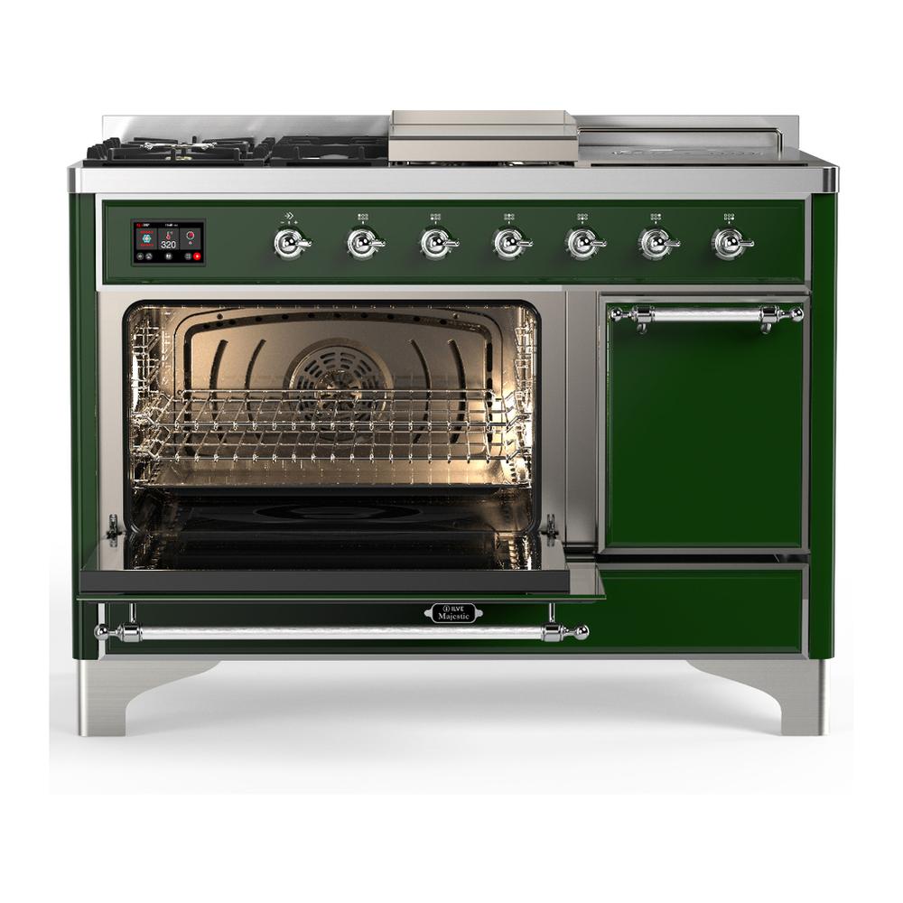 ILVE UM48FSQNR3EGC Majestic III 48 inch Dual Fuel Range with 5 Black Brass Burners, Griddle and French Top, Dual Function Burner up to 25,000 BTU (Natural Gas, Solid Door, Emerald Green, Chrome)