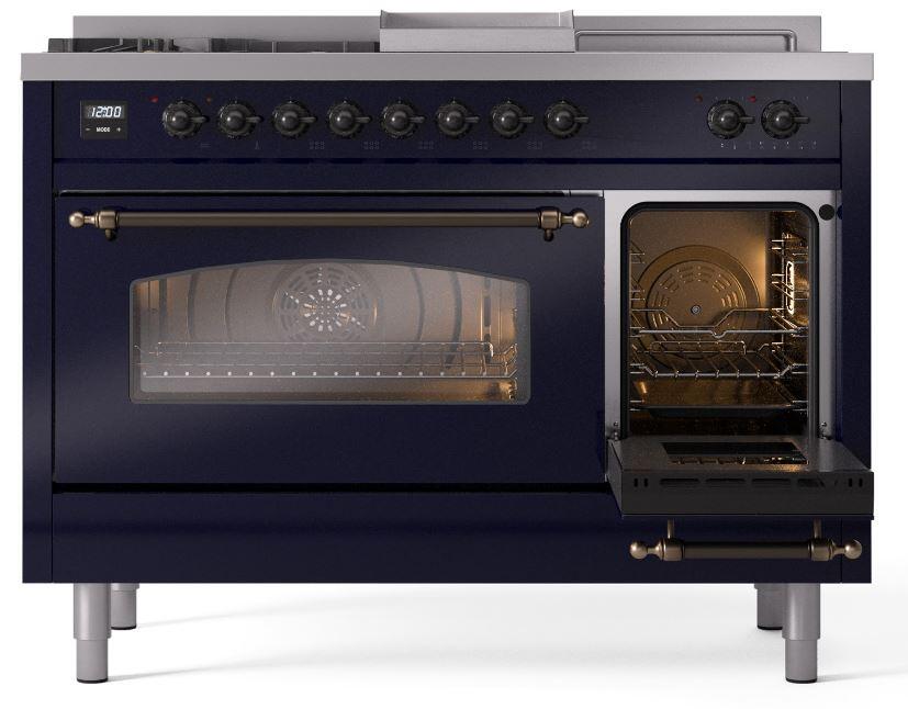 Nostalgie II 48 Inch Dual Fuel Natural Gas Freestanding Range in Blue with Bronze Trim