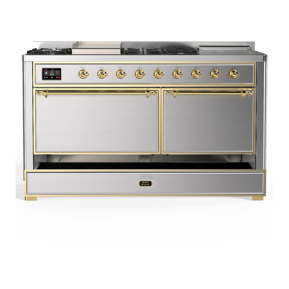 ILVE UM60FSQNR3SSGLP Majestic III 60 inch Dual Fuel Range with 7 Burners, Griddle and French Top, Dual Function Burner with up to 25,000 BTU (Liquid Propane, Solid Door, Stainless Steel, Brass)