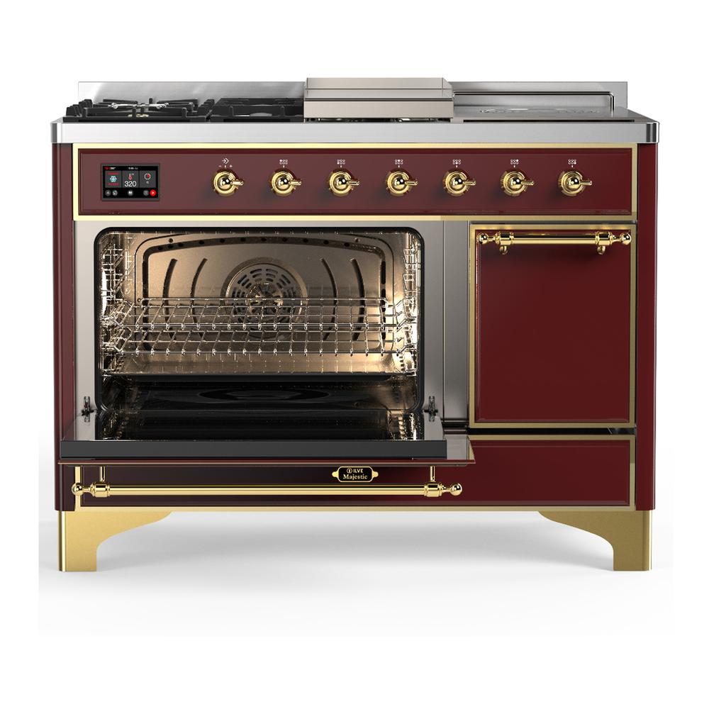 ILVE UM48FSQNR3BUG Majestic III 48 inch Dual Fuel Range with 5 Black Brass Burners, Griddle and French Top, Dual Function Burner up to 25,000 BTU (Natural Gas, Solid Door, Burgundy, Brass)