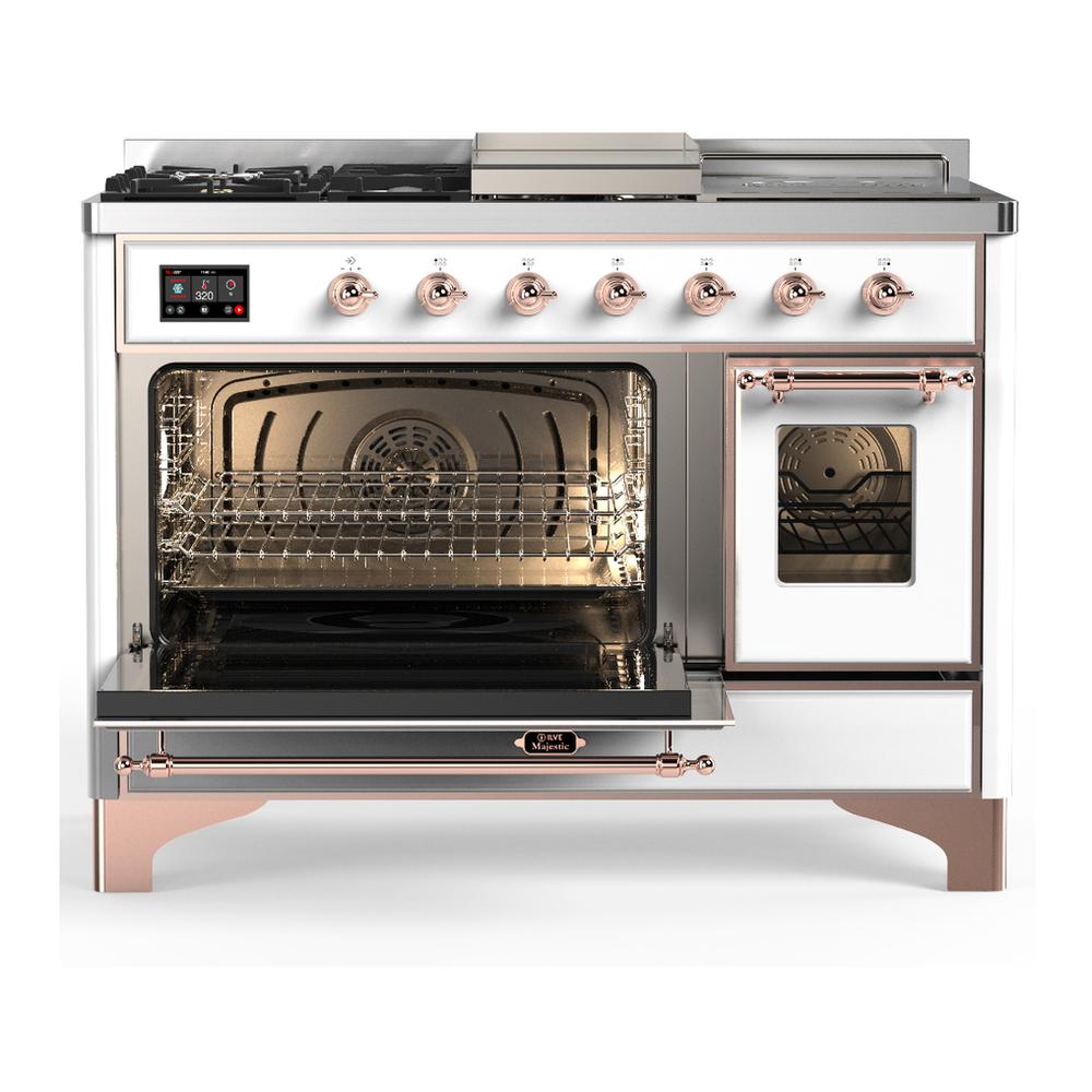 ILVE UM48FSNR3WHPLP Majestic III 48 inch Dual Fuel Range with 5 Black Brass Burners, Griddle and French Top, Dual Function Burner up to 25,000 BTU (Liquid Propane, Triple Glass Door, White, Copper)
