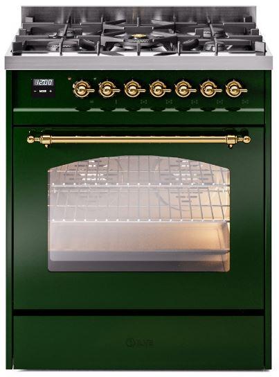 Nostalgie II 30 Inch Dual Fuel Natural Gas Freestanding Range in Emerald Green with Brass Trim