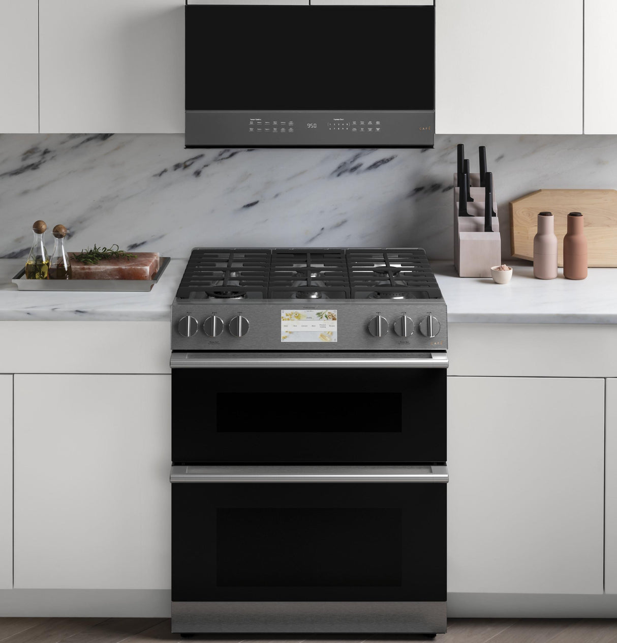 CAF(EBACK)™ 30" Smart Slide-In, Front-Control, Dual-Fuel, Double-Oven Range with Convection in Platinum Glass