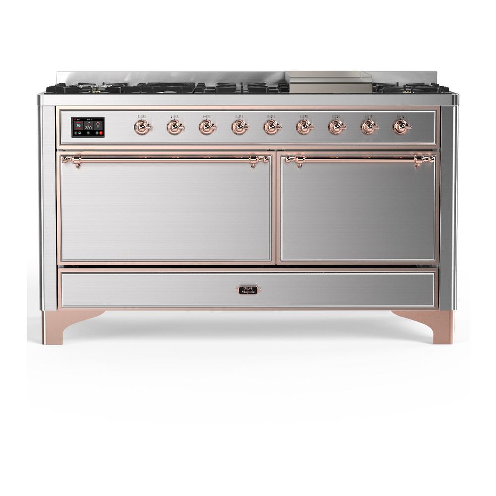 ILVE UM60FQNR3SSPLP Majestic III 60 inch Dual Fuel Range with 9 Burners and Griddle, Dual Function Burner up to 25,000 BTU (Liquid Propane, Solid Door, Stainless Steel, Copper)
