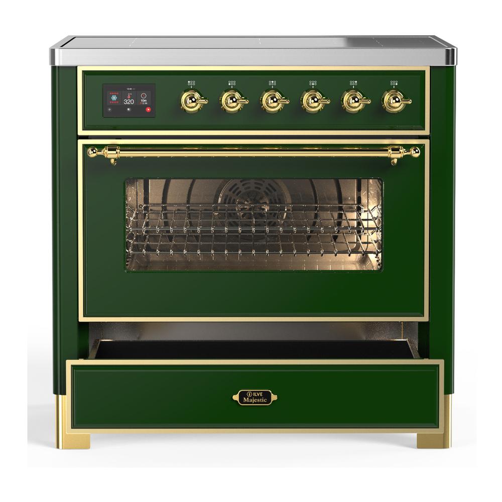 ILVE UMIB36NR3EGG Majestic III 36 inch Induction Range with 6 Elements, 3.5 cu. ft. Total Oven Capacity (Triple Glass Door, Emerald Green, Brass)
