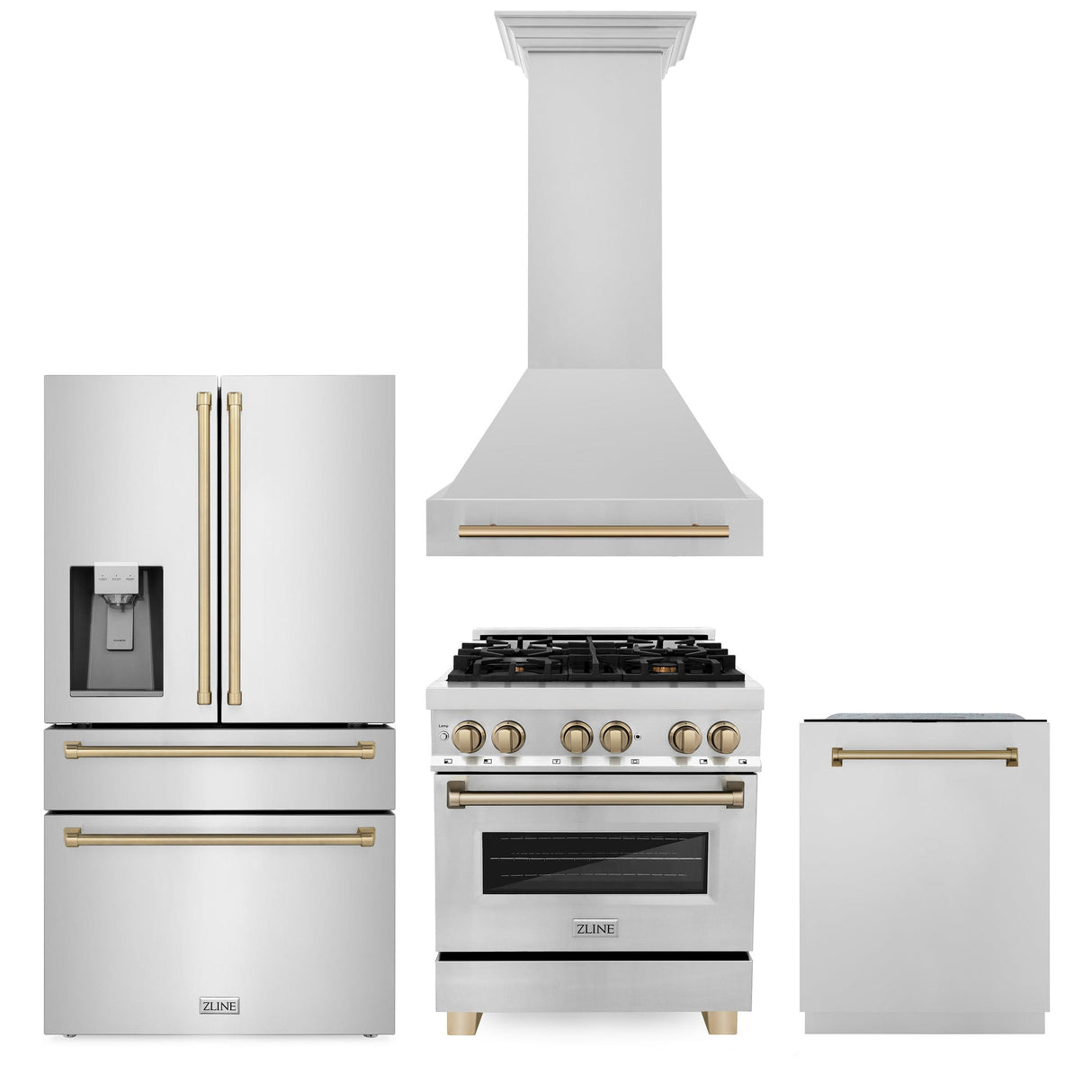 ZLINE 30" Autograph Edition Kitchen Package with Stainless Steel Dual Fuel Range, Range Hood, Dishwasher and Refrigeration with Champagne Bronze Accents (4AKPR-RARHDWM30-CB)