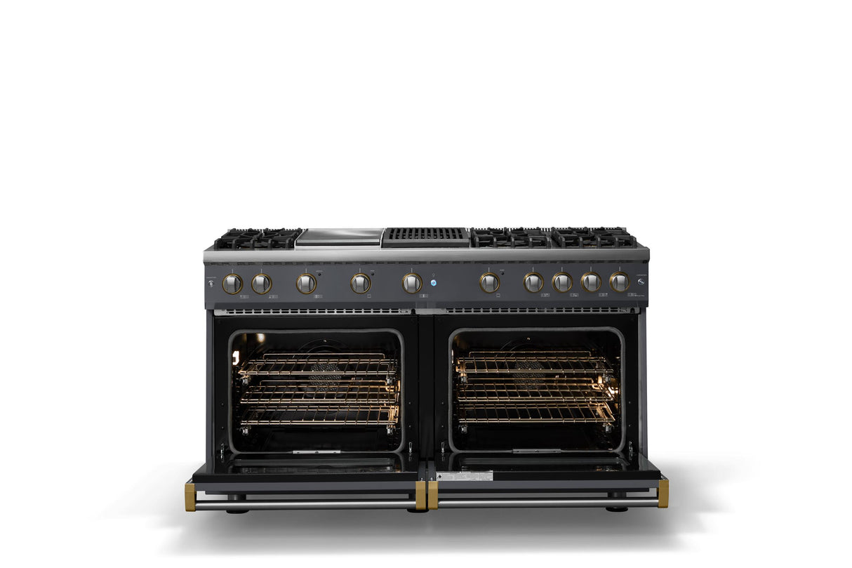 60"W. Sealed Burner Gas Range (Finish: Cast Black, Trim: Polished Chrome, Fuel: Propane)