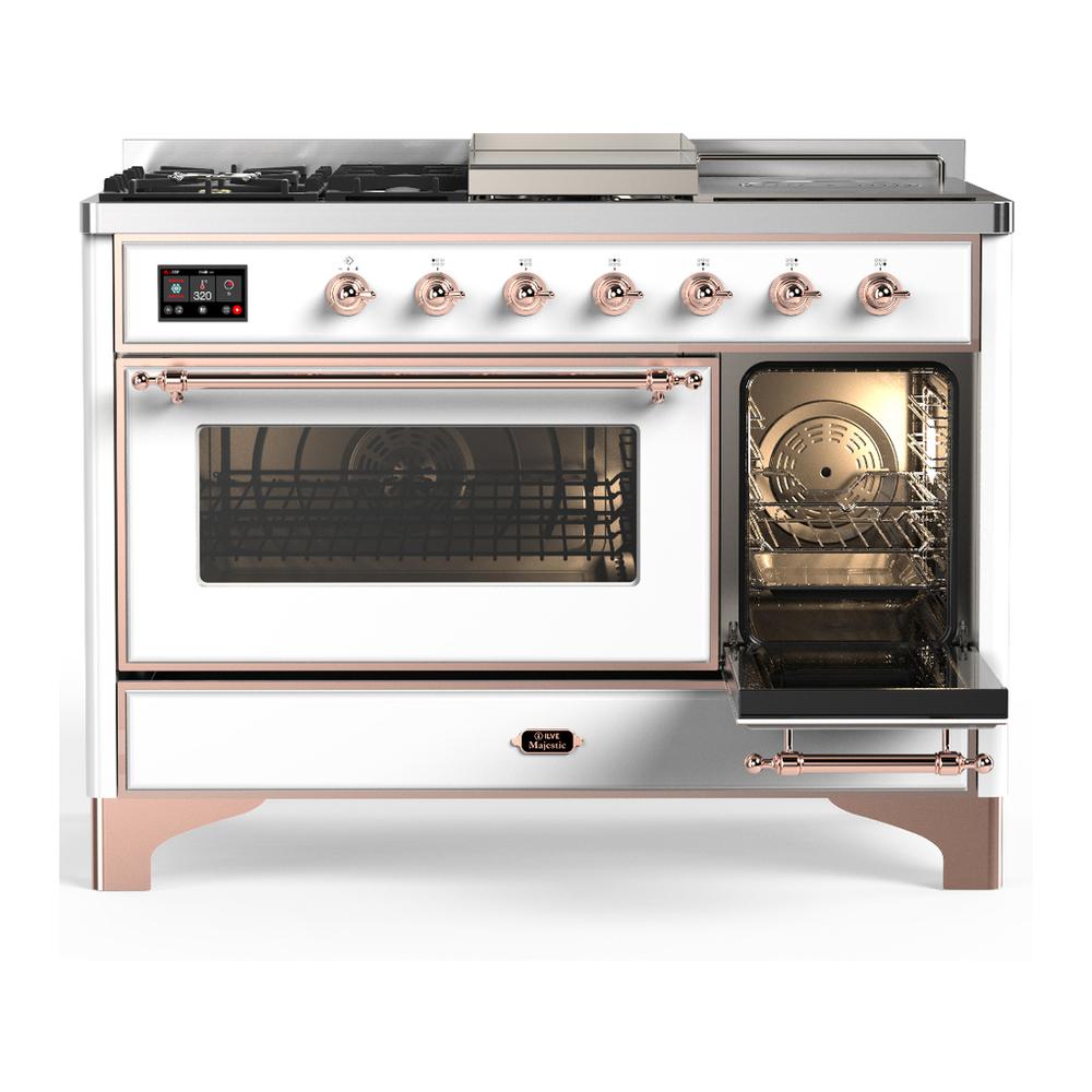 ILVE UM48FSNR3WHPLP Majestic III 48 inch Dual Fuel Range with 5 Black Brass Burners, Griddle and French Top, Dual Function Burner up to 25,000 BTU (Liquid Propane, Triple Glass Door, White, Copper)
