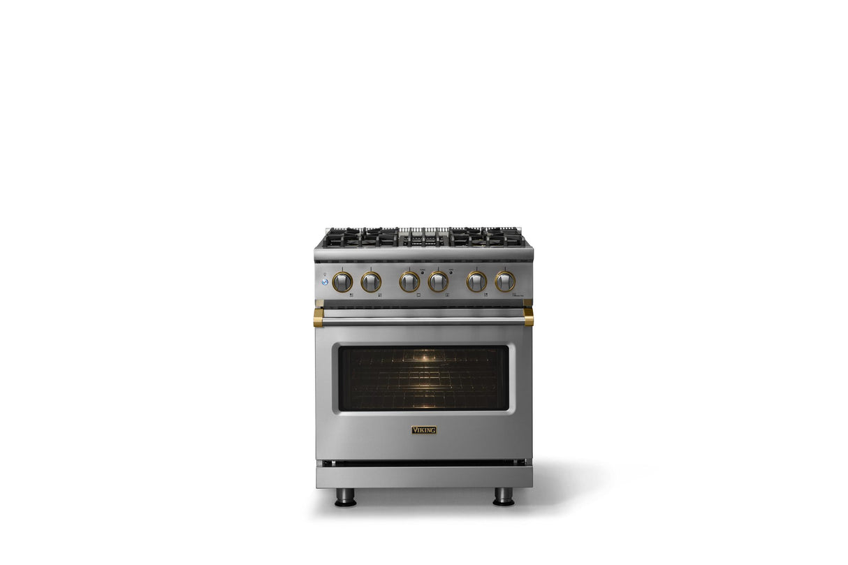 30"W. Dual Fuel Range (Finish: Stainless Steel, Trim: Brushed Brass, Fuel: Propane)