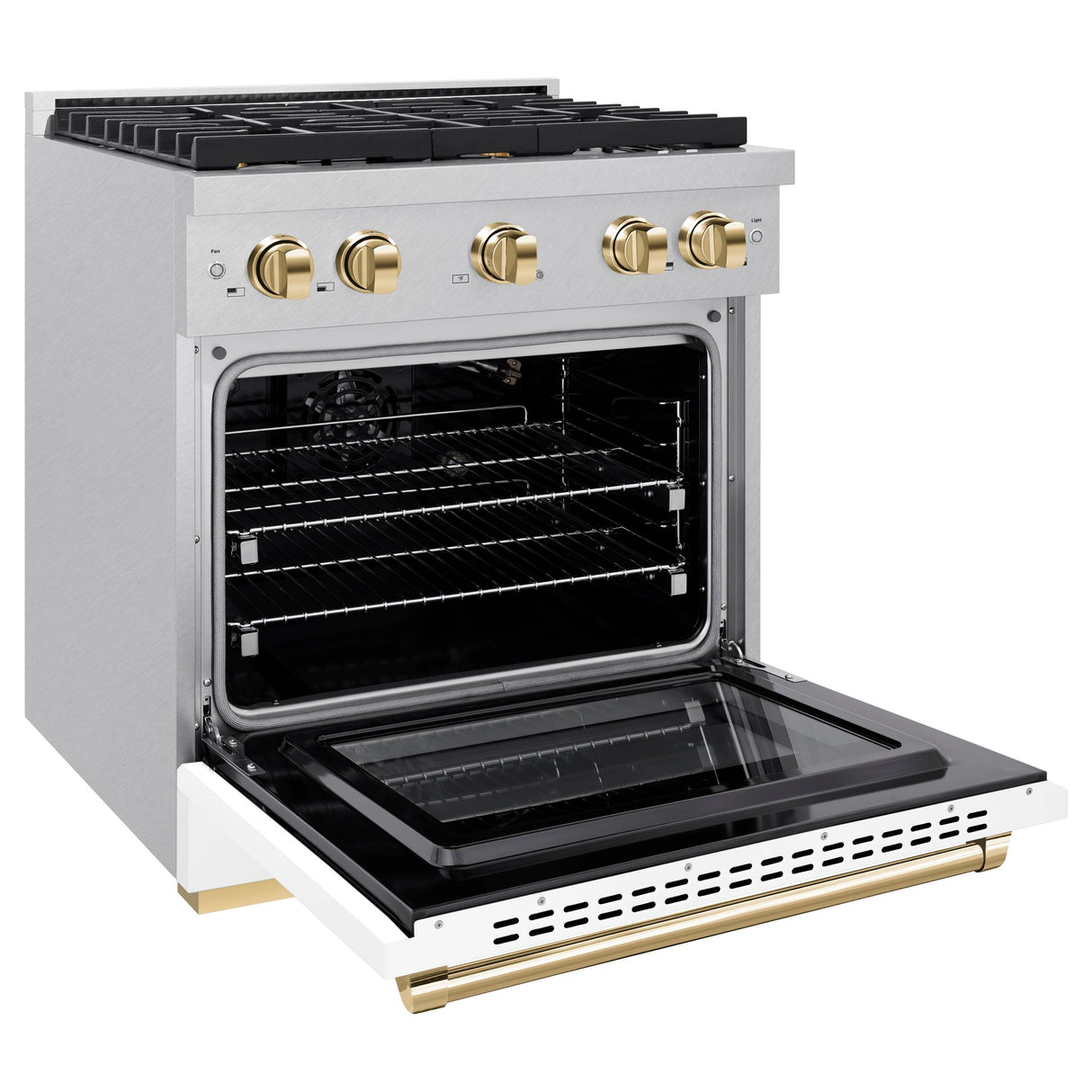 ZLINE Autograph Edition 30 in. 4.2 cu. ft. 4 Burner Gas Range with Convection Gas Oven in DuraSnow' Stainless Steel with White Matte Door and Polished Gold Accents (SGRSZ-WM-30-G)