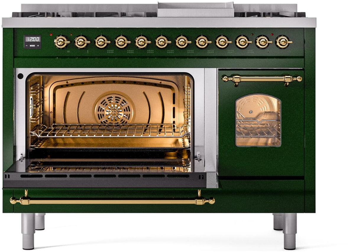 Nostalgie II 48 Inch Dual Fuel Liquid Propane Freestanding Range in Emerald Green with Brass Trim