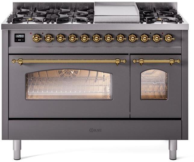 Nostalgie II 48 Inch Dual Fuel Natural Gas Freestanding Range in Matte Graphite with Brass Trim