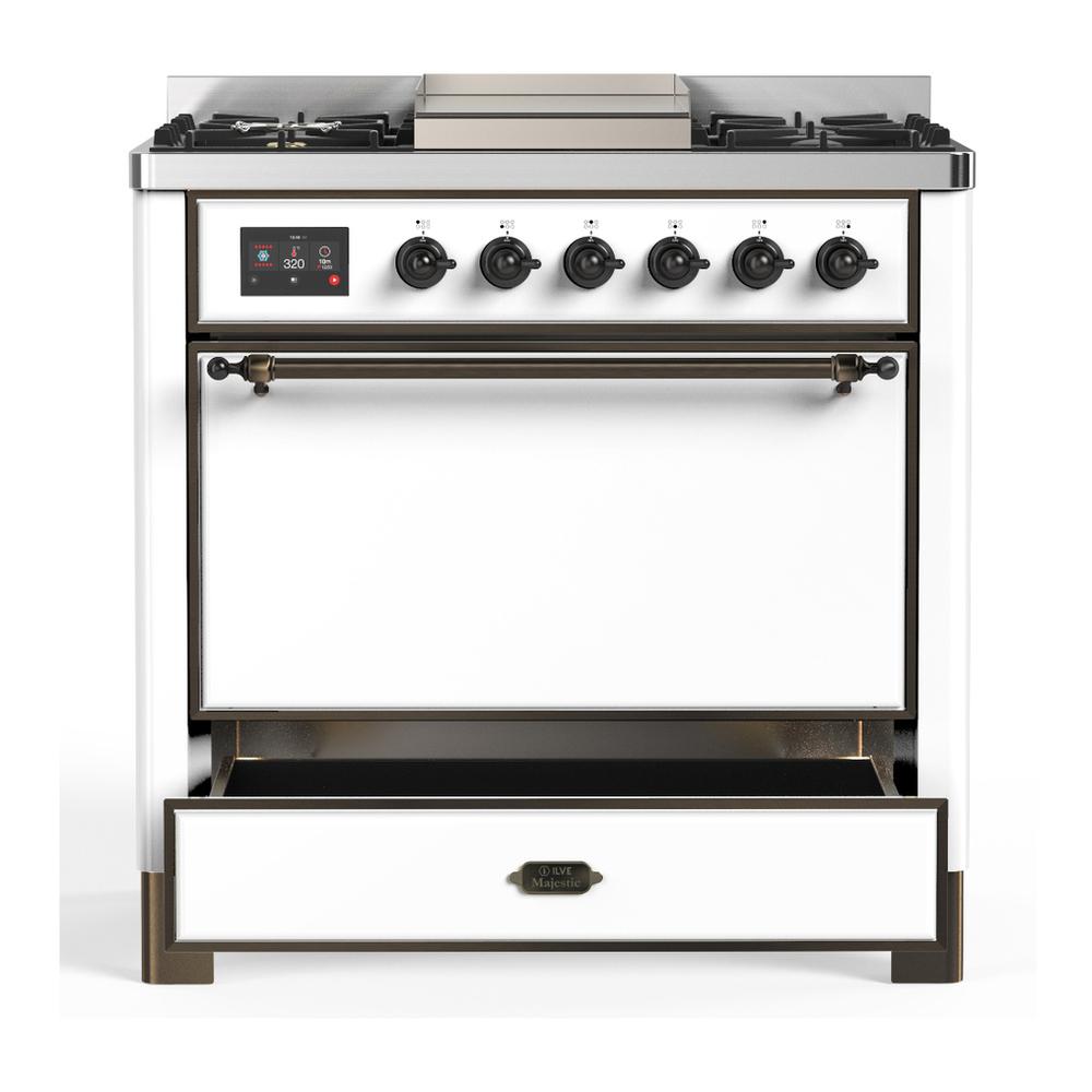 ILVE UM36FQNR3WHB Majestic III 36 inch Dual Fuel Range with 6 Black Brass Burners and Griddle, Dual Function Burner up to 25,000 BTU (Solid Door, White, Burnished, Natural Gas)