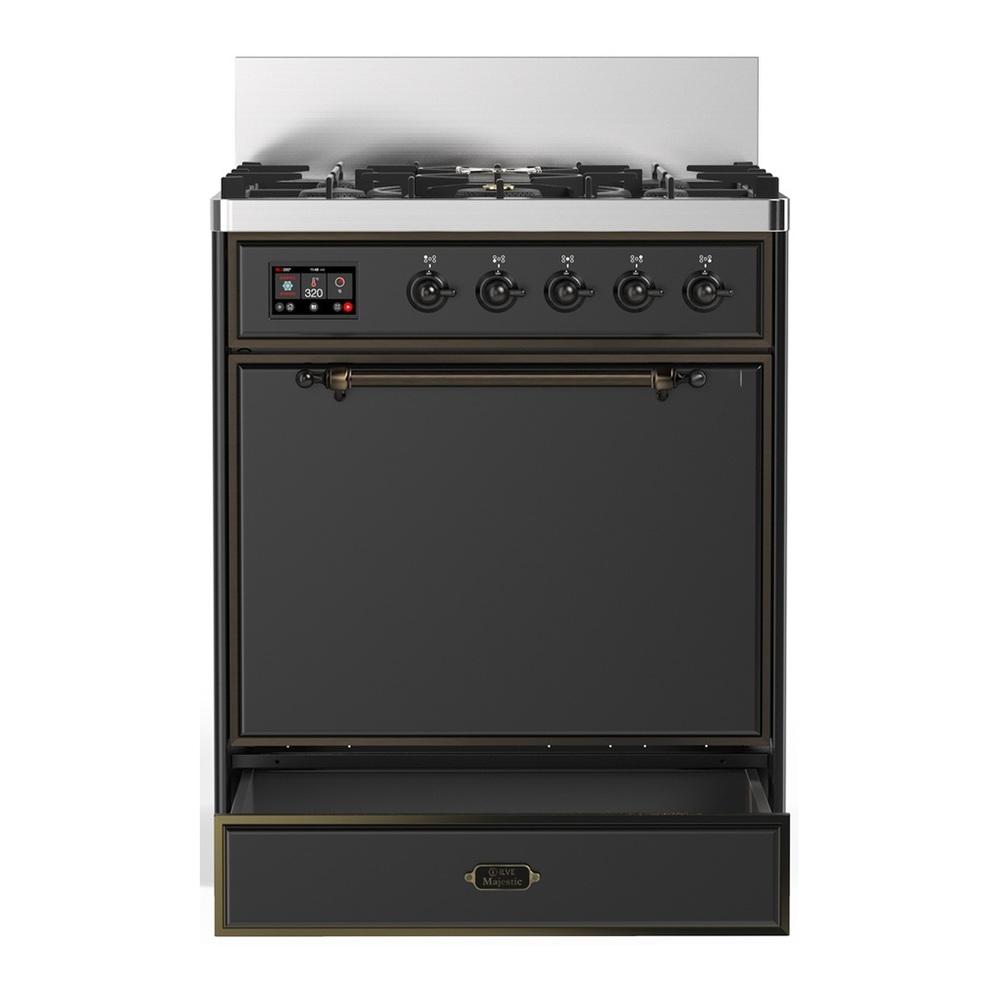 ILVE UM30QNR3MGBLP Majestic III 30 inch Dual Fuel Range with 5 Black Brass Burners, Dual Function Burner up to 25,000 BTU (Liquid Propane, Solid Door, Graphite Matte, Burnished)
