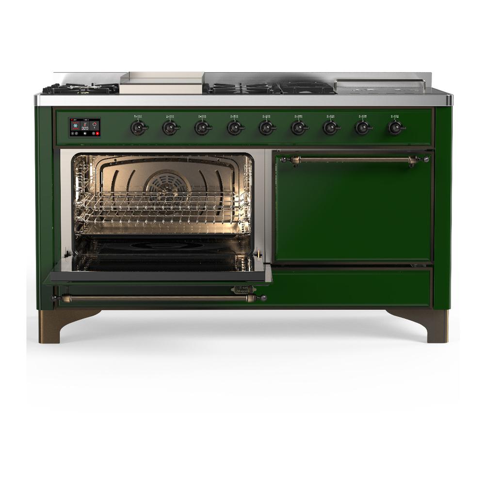 ILVE UM60FSQNR3EGB Majestic III 60 inch Dual Fuel Range with 7 Burners, Griddle and French Top, Dual Function Burner with up to 25,000 BTU (Natural Gas, Solid Door, Emerald Green, Burnished)