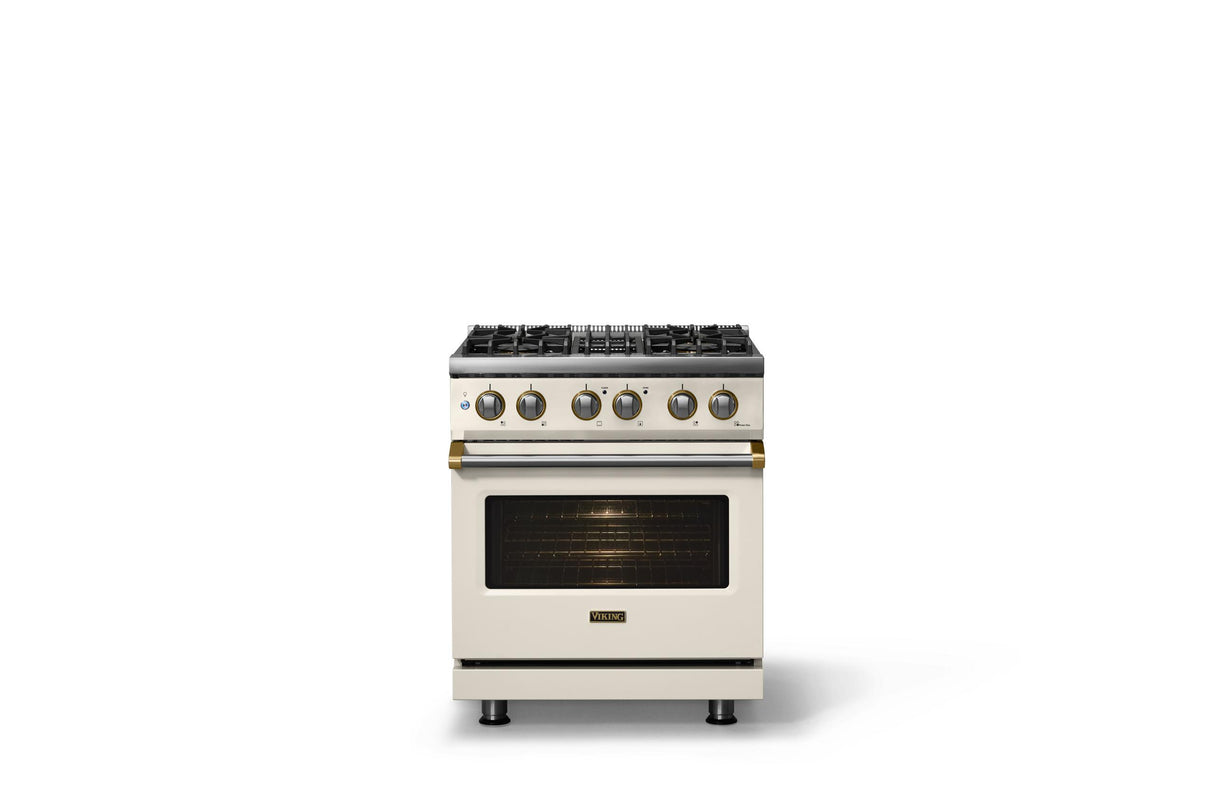 30"W. Dual Fuel Range (Finish: Pure White, Trim: Brushed Brass, Fuel: Propane)