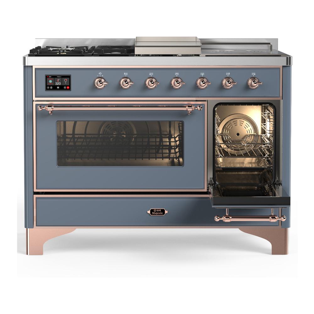 ILVE UM48FSNR3BGP Majestic III 48 inch Dual Fuel Range with 5 Black Brass Burners, Griddle and French Top, Dual Function Burner up to 25,000 BTU (Natural Gas, Triple Glass Door, Blue Grey, Copper)