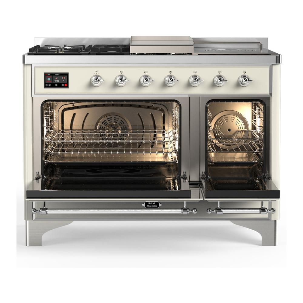 ILVE UM48FSQNR3AWCLP Majestic III 48 inch Dual Fuel Range with 5 Black Brass Burners, Griddle and French Top, Dual Function Burner up to 25,000 BTU (Liquid Propane, Solid Door, Antique White, Chrome)