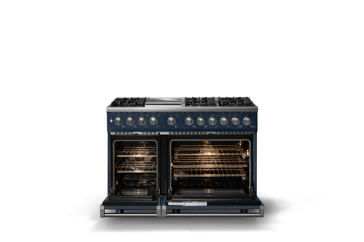 48"W. Dual Fuel Range (Burner: 6g, Finish: Slate Blue, Trim: Polished Chrome, Fuel: Natural Gas)