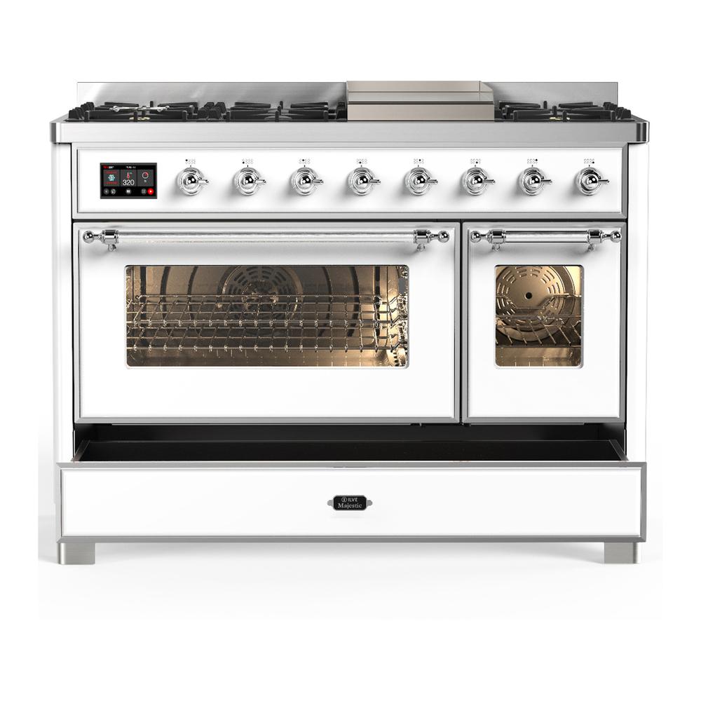 ILVE UM48FNR3WHCLP Majestic III 48 inch Dual Fuel Range with 8 Burners and Griddle, Dual Function Burner up to 25,000 BTU (Liquid Propane, Triple Glass Door, White, Chrome)