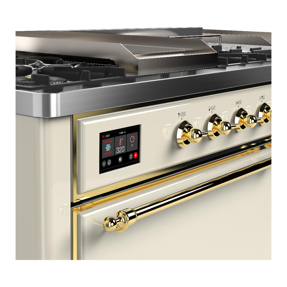 ILVE UM60FSQNR3AWG Majestic III 60 inch Dual Fuel Range with 7 Burners, Griddle and French Top, Dual Function Burner with up to 25,000 BTU (Natural Gas, Solid Door, Antique White, Brass)