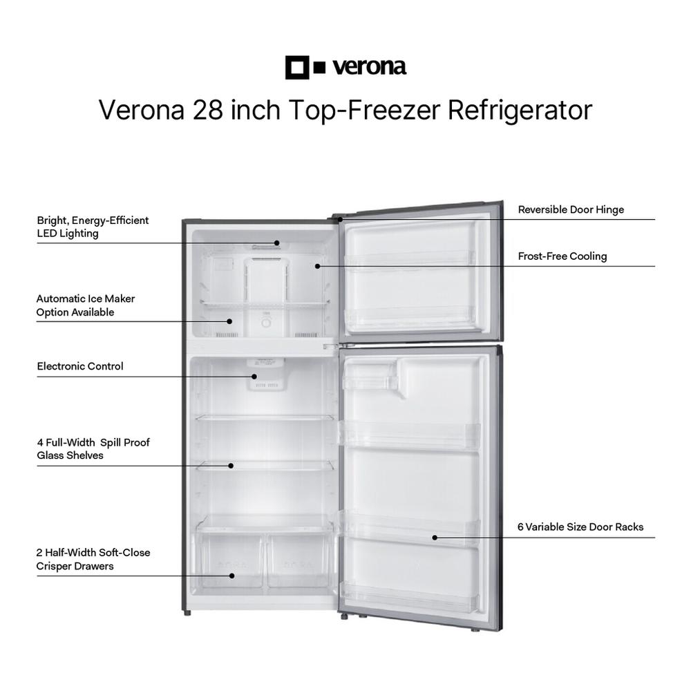Verona VEFTF2817RBK 28 inch Top Freezer Refrigerator with 17.6 cu. ft. Total Capacity, Reversible Doors, Recessed Handle, Energy Star (Black)
