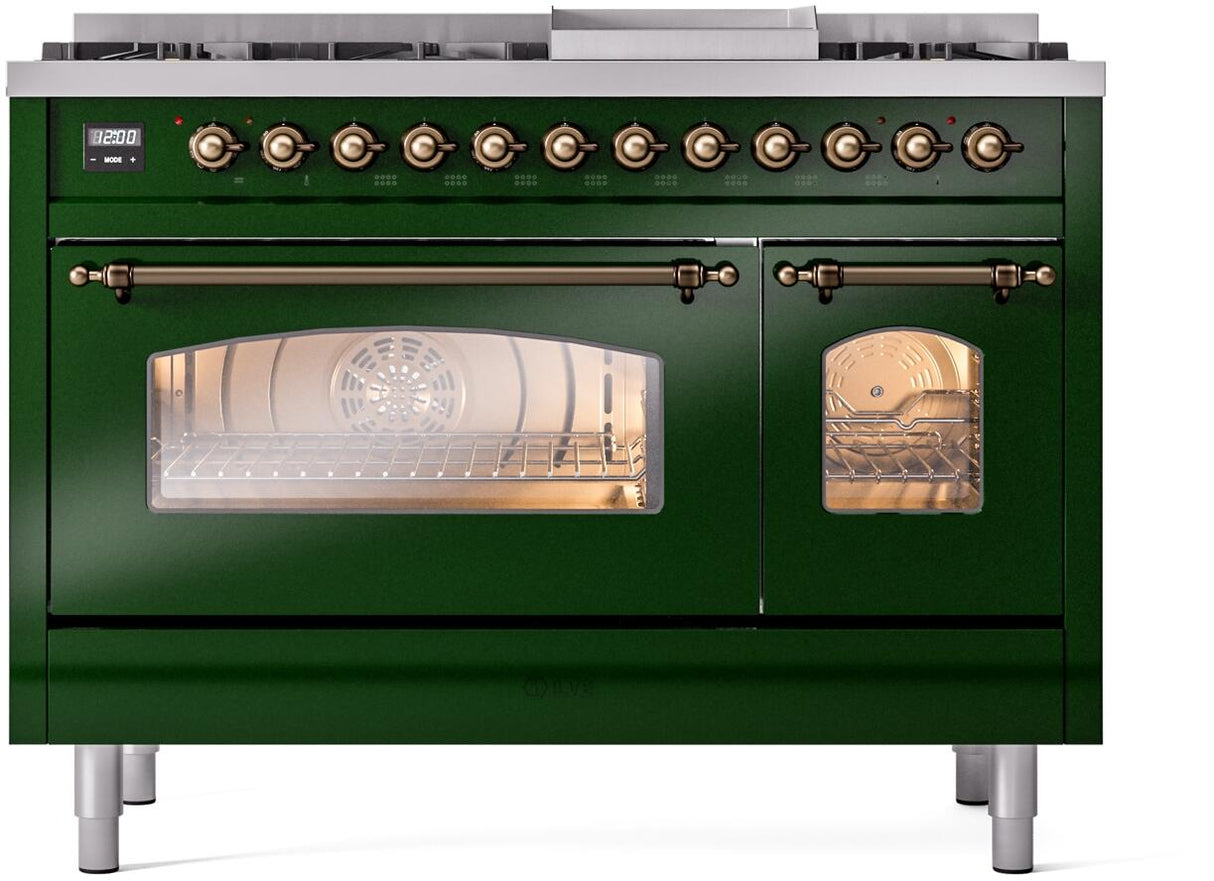 Nostalgie II 48 Inch Dual Fuel Natural Gas Freestanding Range in Emerald Green with Bronze Trim