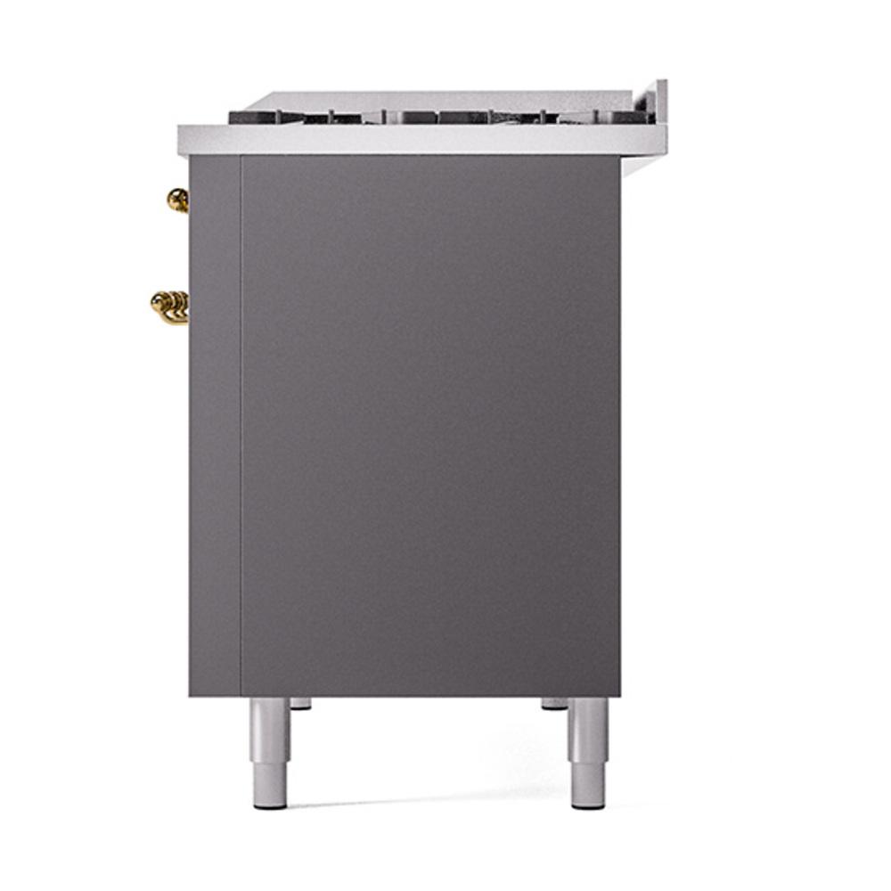 ILVE UN48FQNMPMGGLP Nostalgie II Noblesse 48 inch Dual Fuel Range (8 Sealed Burners + Griddle, Liquid Propane, Solid Door, Graphite Matte, Brass)