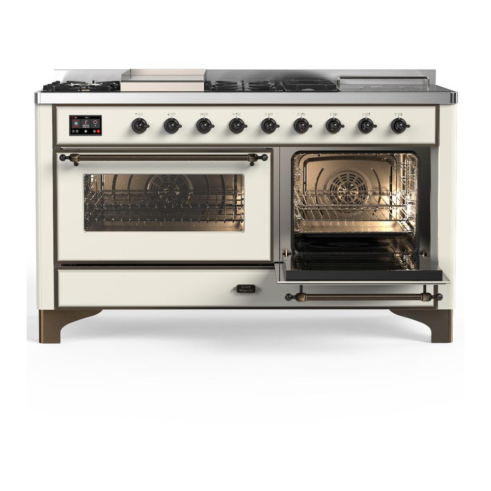 ILVE UM60FSNR3AWB Majestic III 60 inch Dual Fuel Range with 7 Burners, Griddle and French Top, Dual Function Burner with up to 25,000 BTU (Natural Gas, Triple Glass Door, Antique White, Burnished)