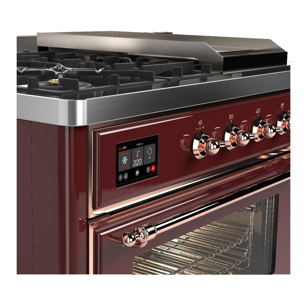 ILVE UM48FSNR3BUP Majestic III 48 inch Dual Fuel Range with 5 Black Brass Burners, Griddle and French Top, Dual Function Burner up to 25,000 BTU (Natural Gas, Triple Glass Door, Burgundy, Copper)